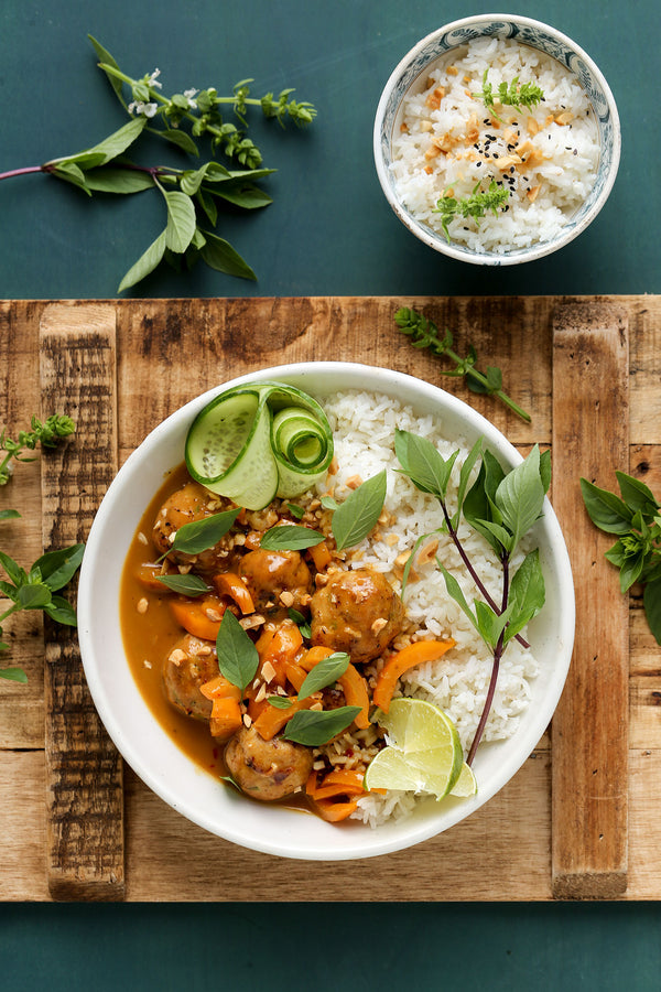 Chicken Meatballs with Peanut Sauce and Thai Basil