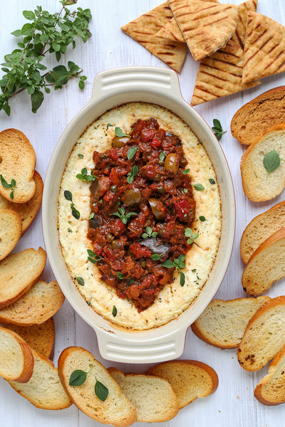 Baked Goats Cheese Dip with Bruschetta Caponata Relish | Wozz