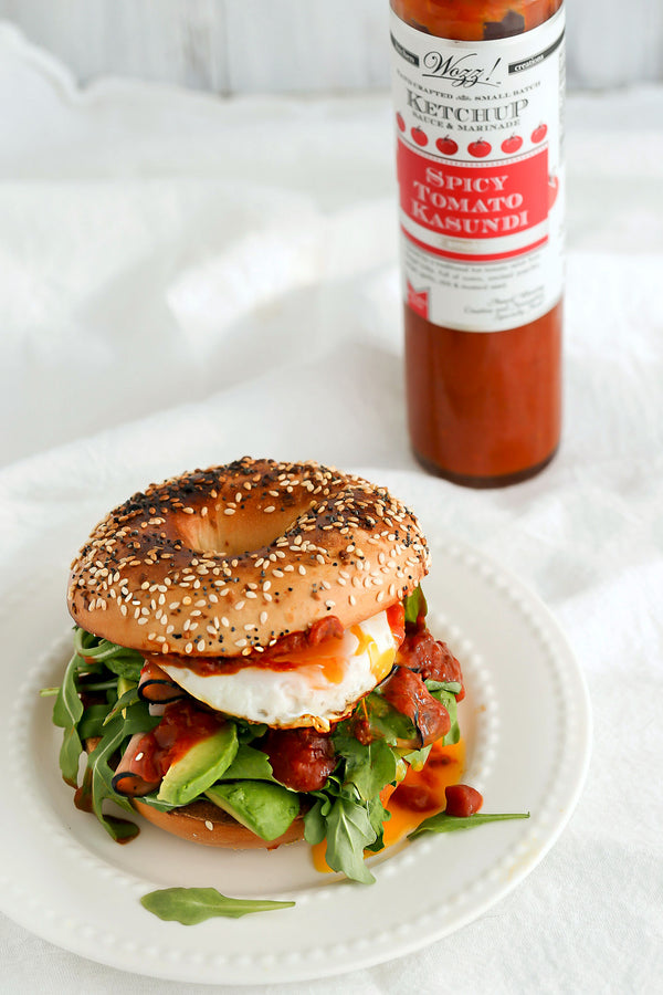 ham and egg breakfast sandwich with tomato kasundi bbq sauce