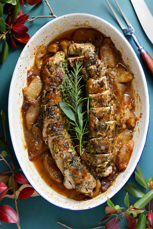 Herb Crusted Pork Tenderloin with Sweet Onion Braised Apples
