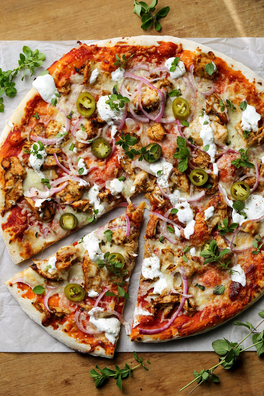 Shawarma Chicken Pizza with Garlic Yogurt Sauce and Pickled Jalapenos