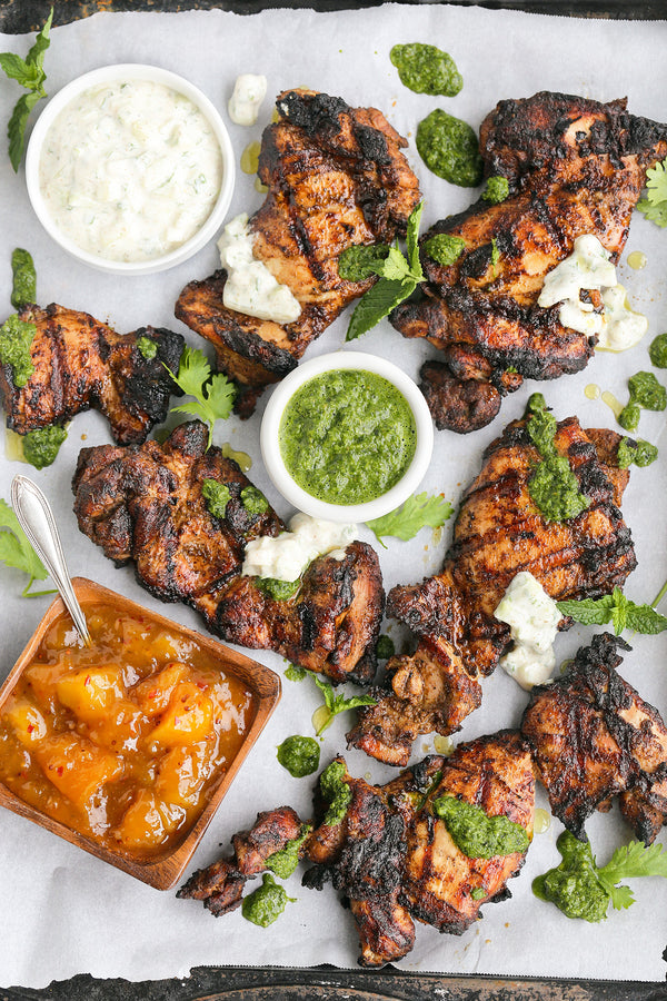 Indian Grilled Chicken with Mango Chutney, Cilantro Mint Sauce and Yogurt Raita