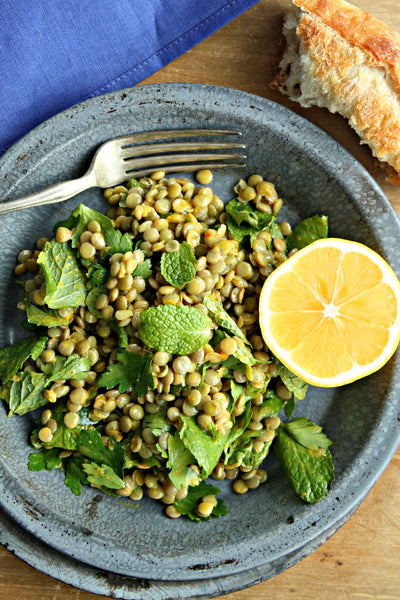 green lentil salad dressing with Chermoula Rosette