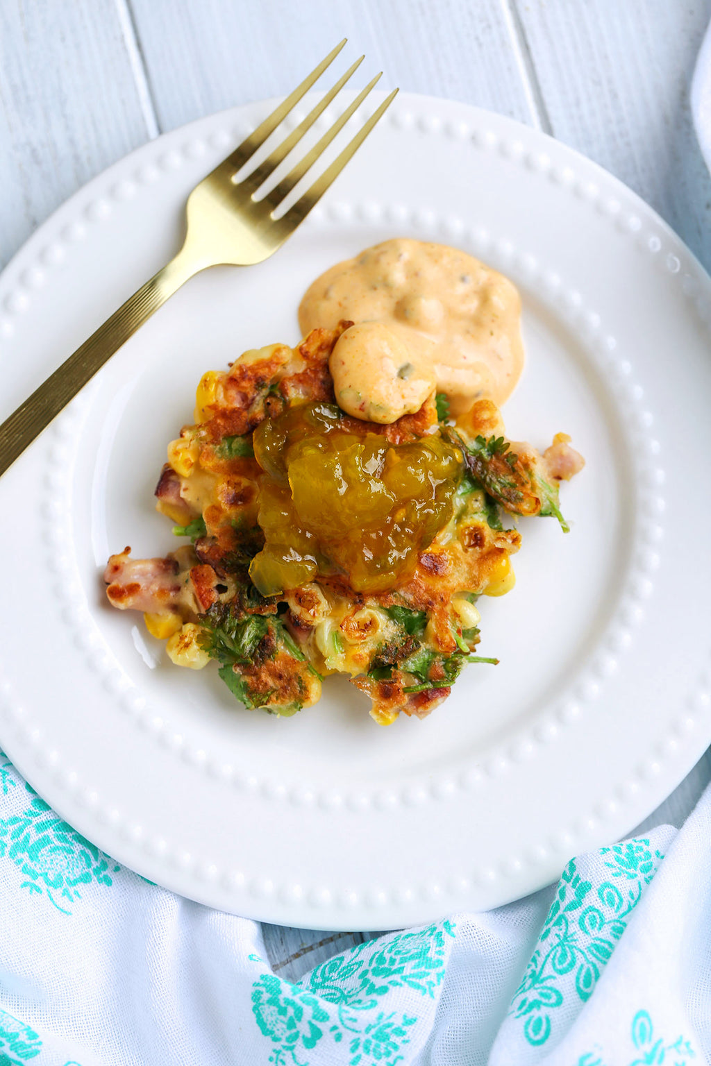 Corn Fritters with Green Tomato Jalapeno Pepper Jelly and Remoulade