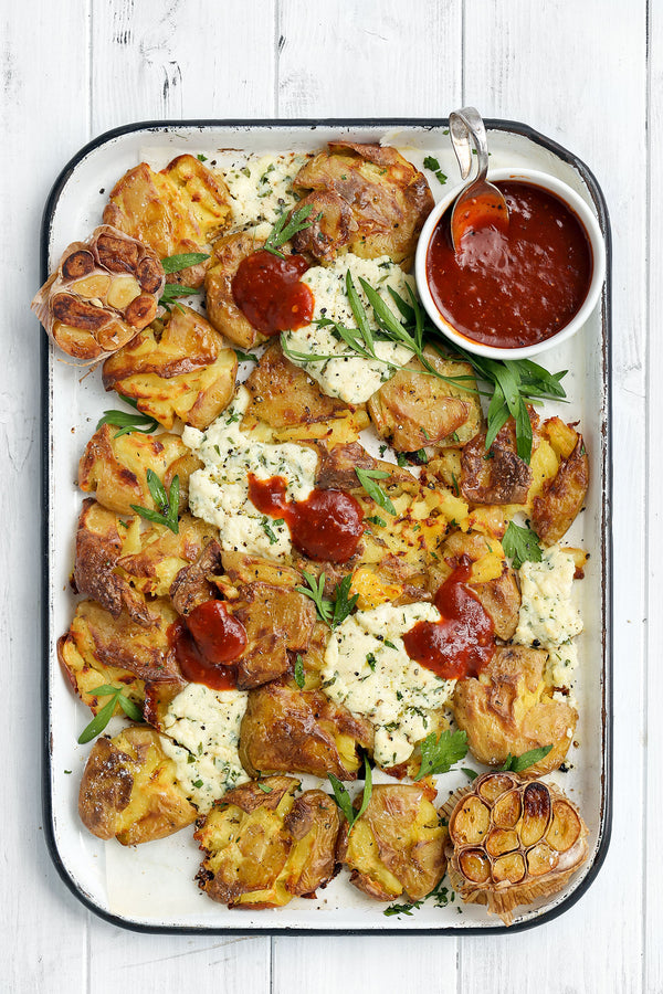 Crispy Smashed Potatoes with Baked Ricotta and Kasundi Sauce