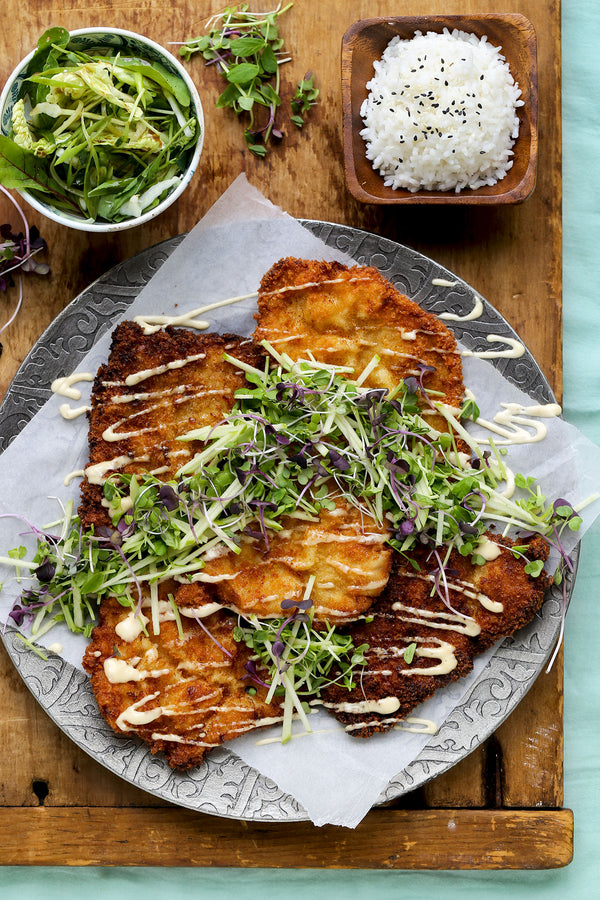 Japanese Sesame Pork Schnitzel with Cabbage and Green Apple Slaw
