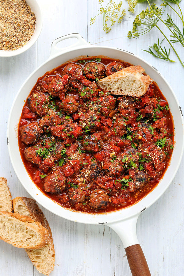 Moroccan Tomato Meatballs with Almond Dukkah