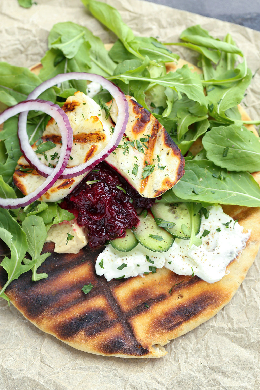 Grilled Pita with Halloumi, Pickled Beet Relish and Salad Greens