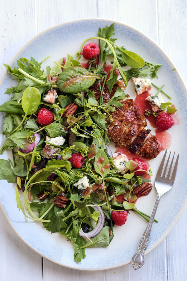 Pecan Crusted Chicken Salad with Gorgonzola and Raspberry Vinaigrette