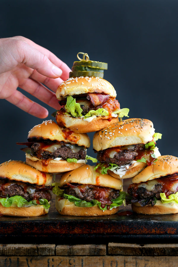 bacon cheeseburgers with tomato kasundi BBQ sauce