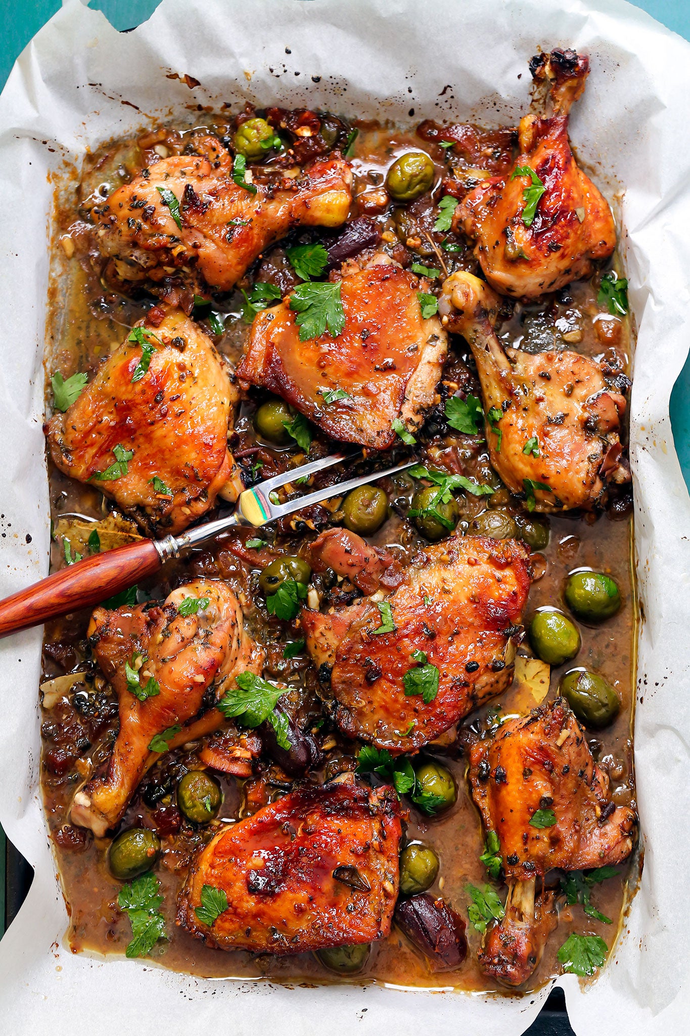 chicken Marbella with date chutney and olives