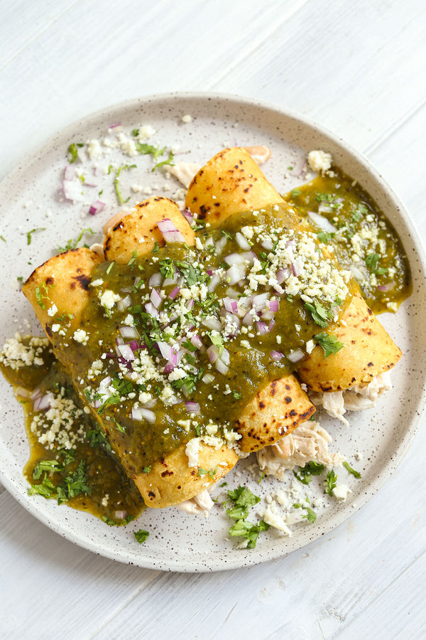 Cream Cheese and White Bean Chicken Enchiladas with Kiwi Lime Salsa Verde