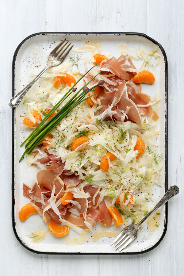 Fennel, Poached Mandarin and Prosciutto Salad with Grapefruit Honey Vinegar