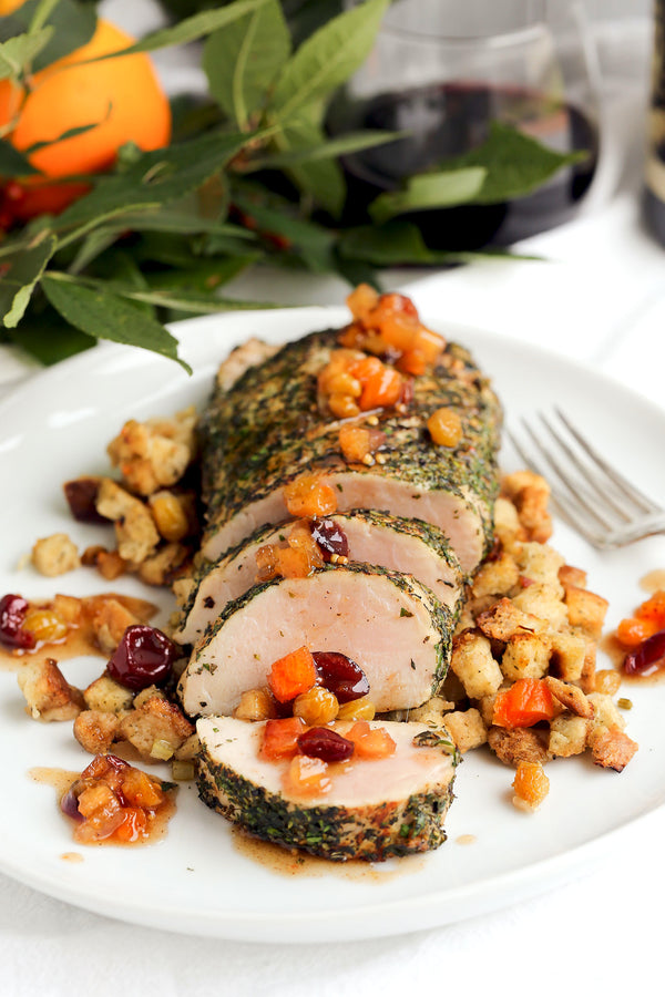 Herb Crusted Pork Tenderloin with Winter Spiced Fruit and Honey Confit
