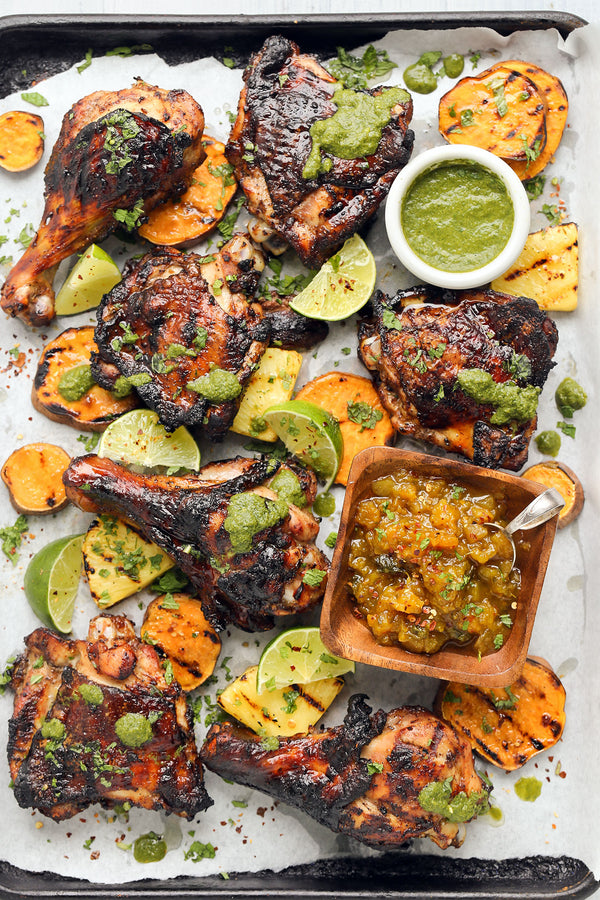 Jamaican Jerk Chicken with Grilled Sweet Potato and Pineapple Chutney