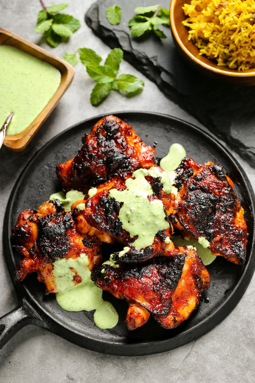 Oven Roasted Kasundi Chicken Thighs with Turmeric Pistachio Rice and J