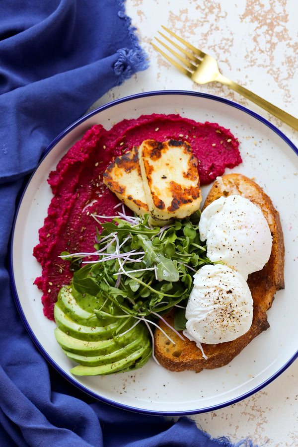 Poached Eggs with Pickled Beet Relish Hummus and Halloumi