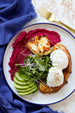 Poached Eggs with Pickled Beet Relish Hummus and Halloumi