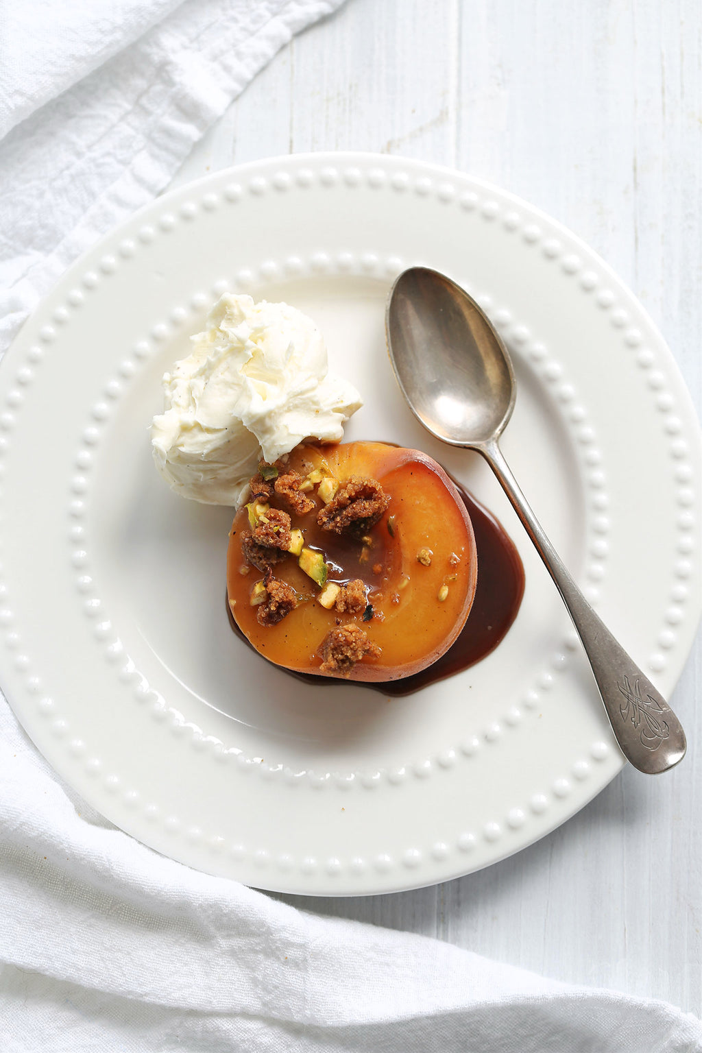 Poached Peaches with Rum Toffee Sauce and Mascarpone