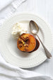 Poached Peaches with Rum Toffee Sauce and Mascarpone