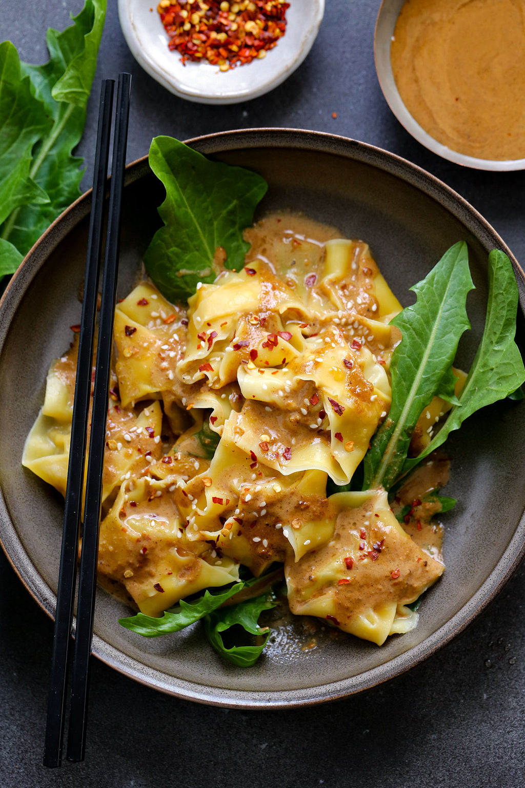 Pork Wontons with Spicy Sichuan Sauce