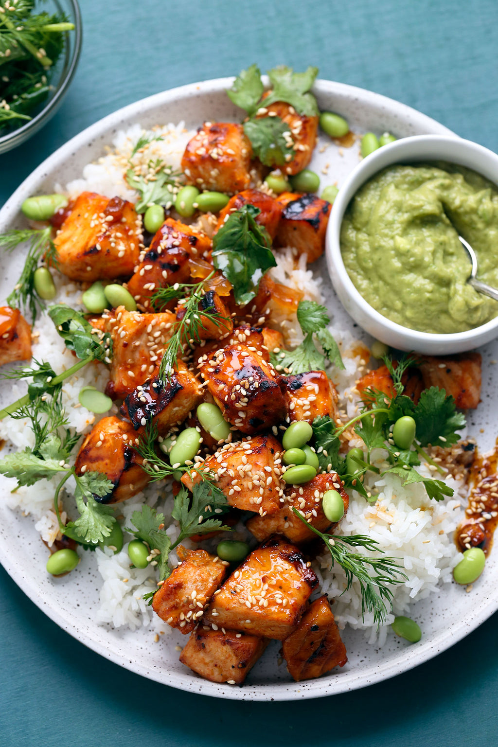 Sweet Chili Salmon Bowl with Avocado Cilantro Lime Sauce