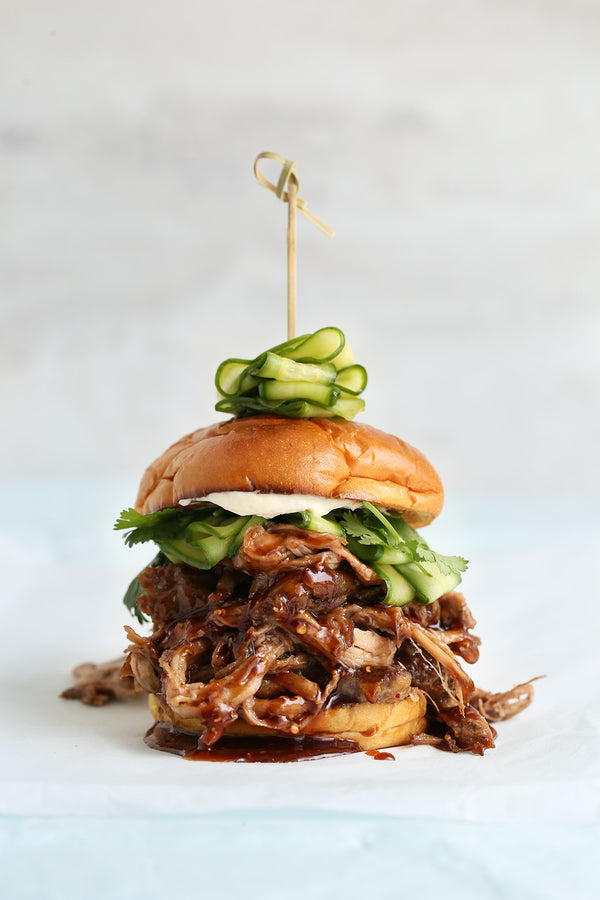 Korean BBQ Pulled Pork Sandwich with Cucumber Pickle