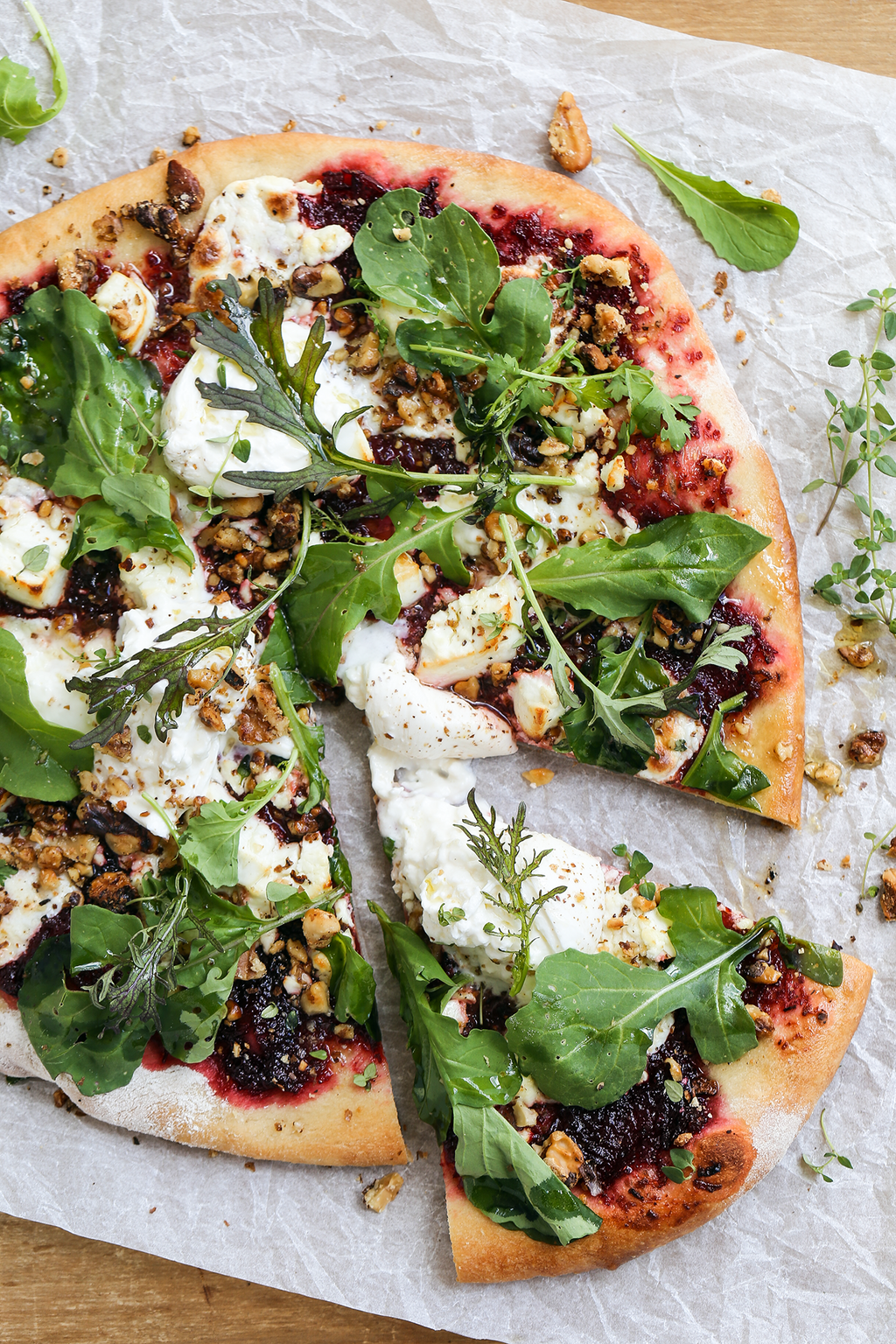 Pickled Beet Pizza with Goats Cheese, Arugula, Walnuts and Buratta