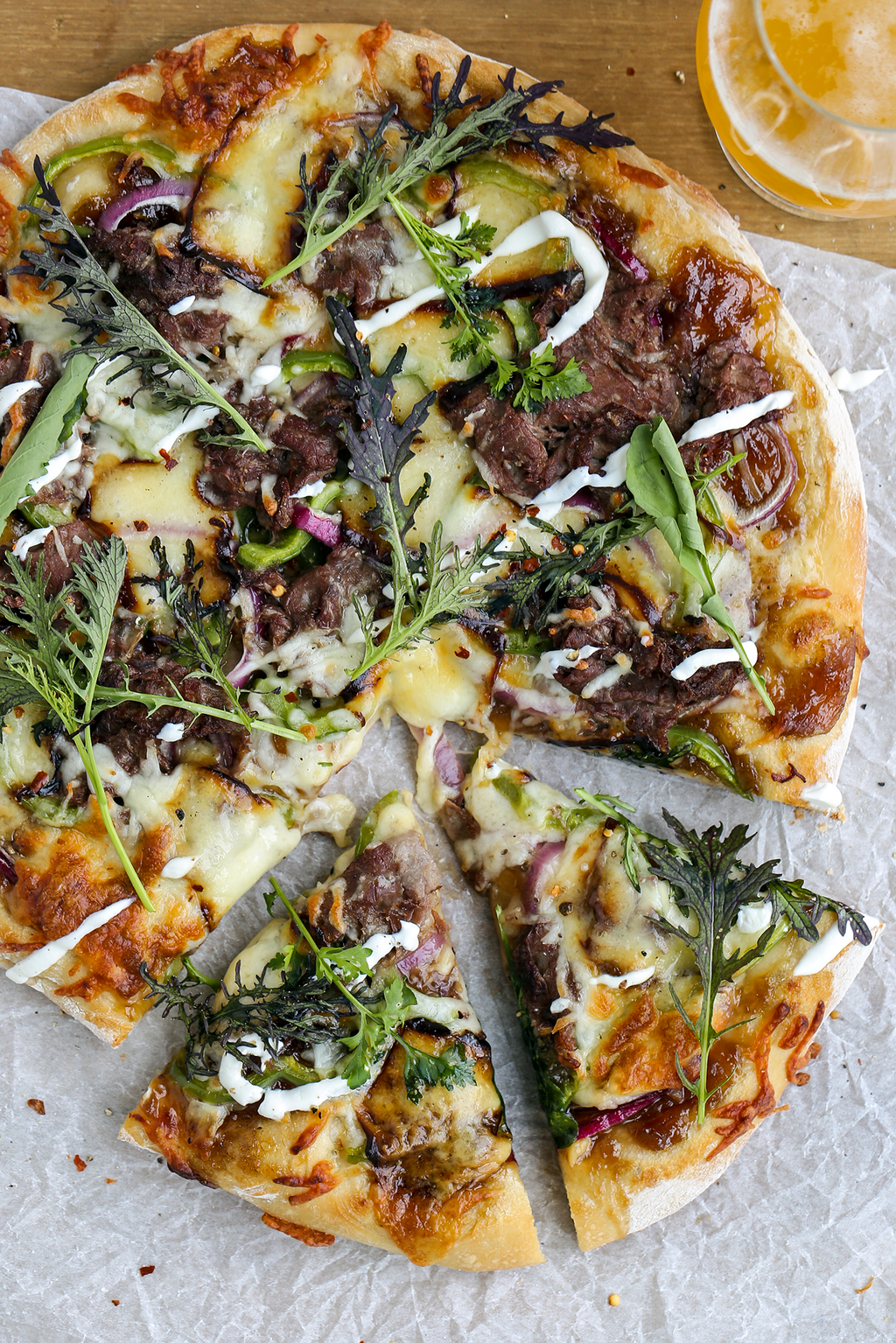 Steak Bomb Pizza with Triple Ale Onion Jam Spread