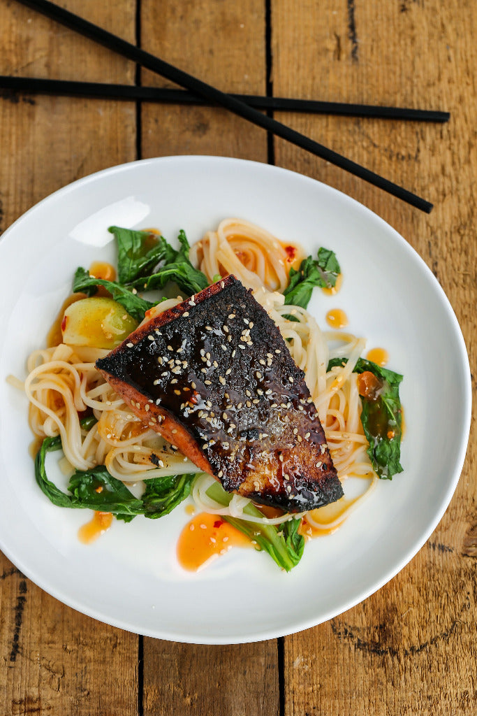 Sweet Chili Orange Sesame Salmon over Noodles