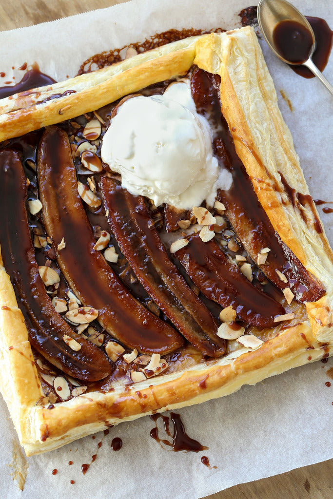 Banana Fosters Puff Pastry with Rum Sauce and Vanilla Ice Cream