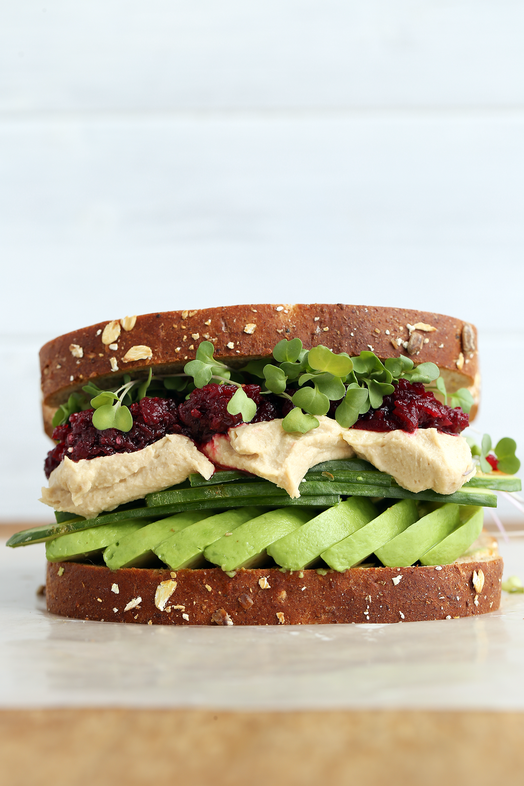 hummus veggie sandwich with pickled beet relish