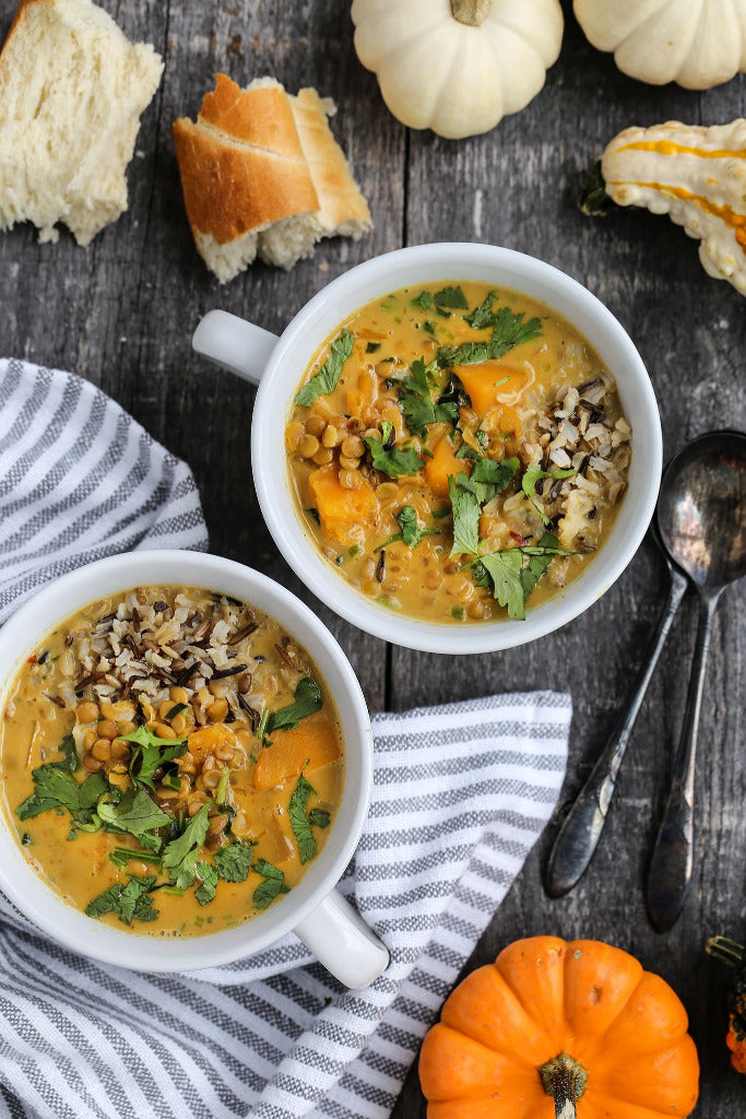 Coconut Peanut Butternut Squash Soup with Lentils and Wild Rice