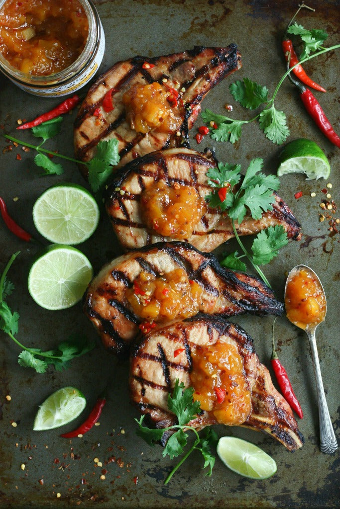 Grilled Ginger Soy Pork Chops with Mango Chutney