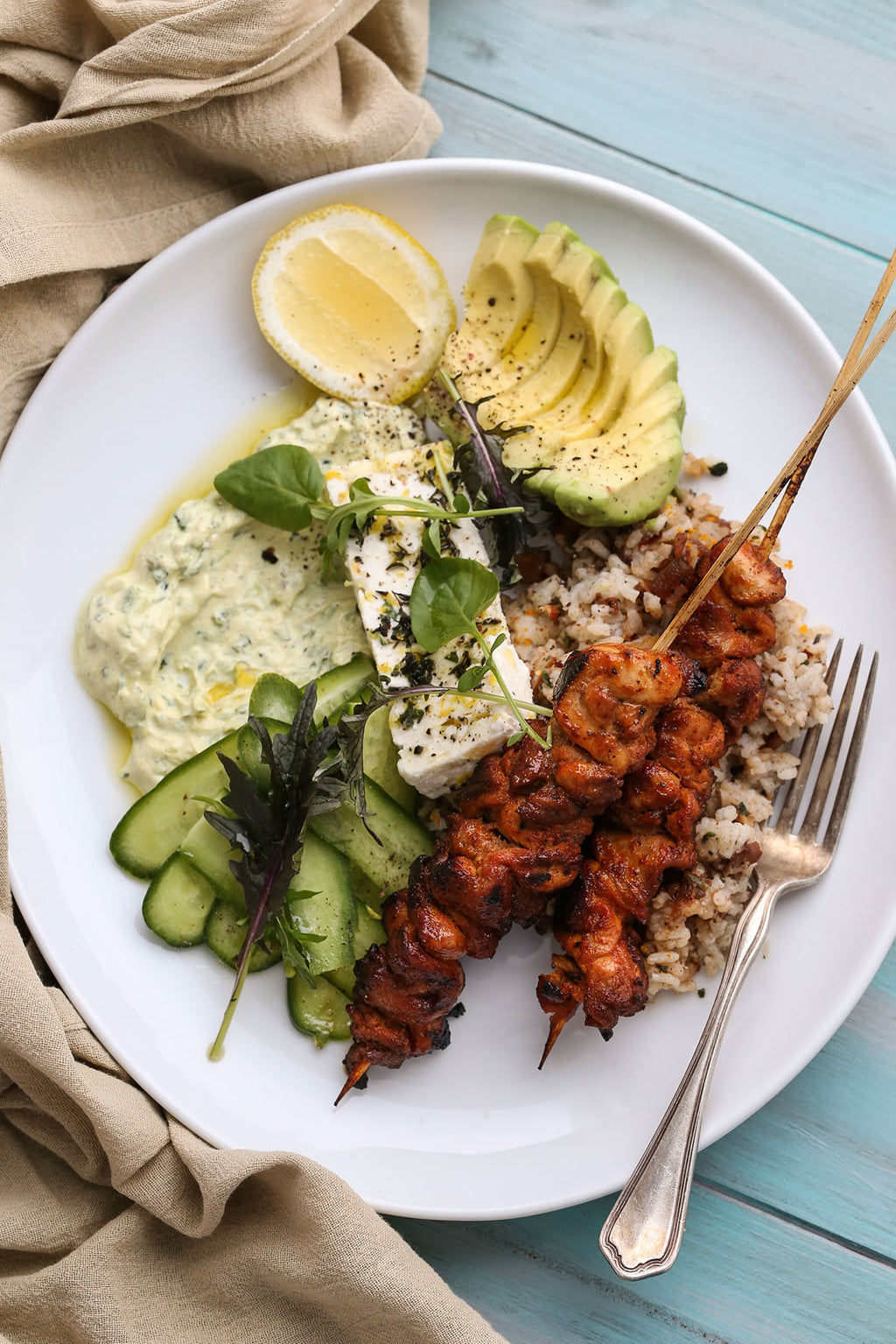 Kasundi Chicken Skewers with Moroccan Rice, Marinated Feta and Tzatziki ...