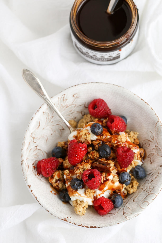 Yogurt Granola and Berries with Rum Toffee Sauce | Wozz! Kitchen Creations